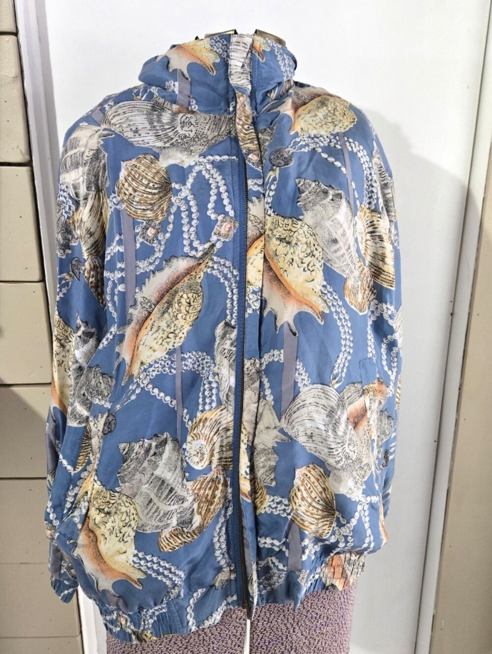 CoAco-100% Silk Track Suit jacket-Coastal Blue with shells- Women's Size Large